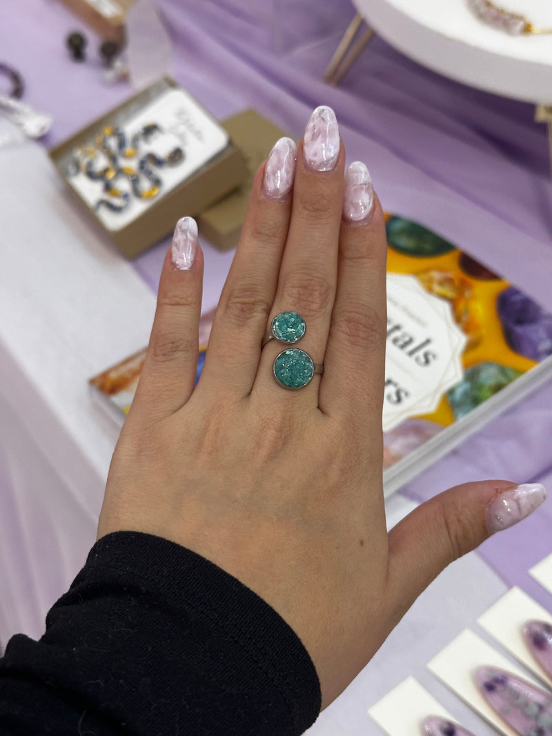 “Double Trouble” Amazonite, Malachite & Lepidolite Adjustable Ring