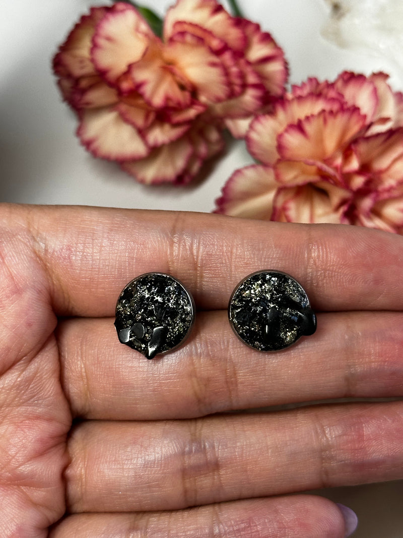 “Rawness” Shungite, Black Tourmaline & Pyrite Stainless Steel Studs