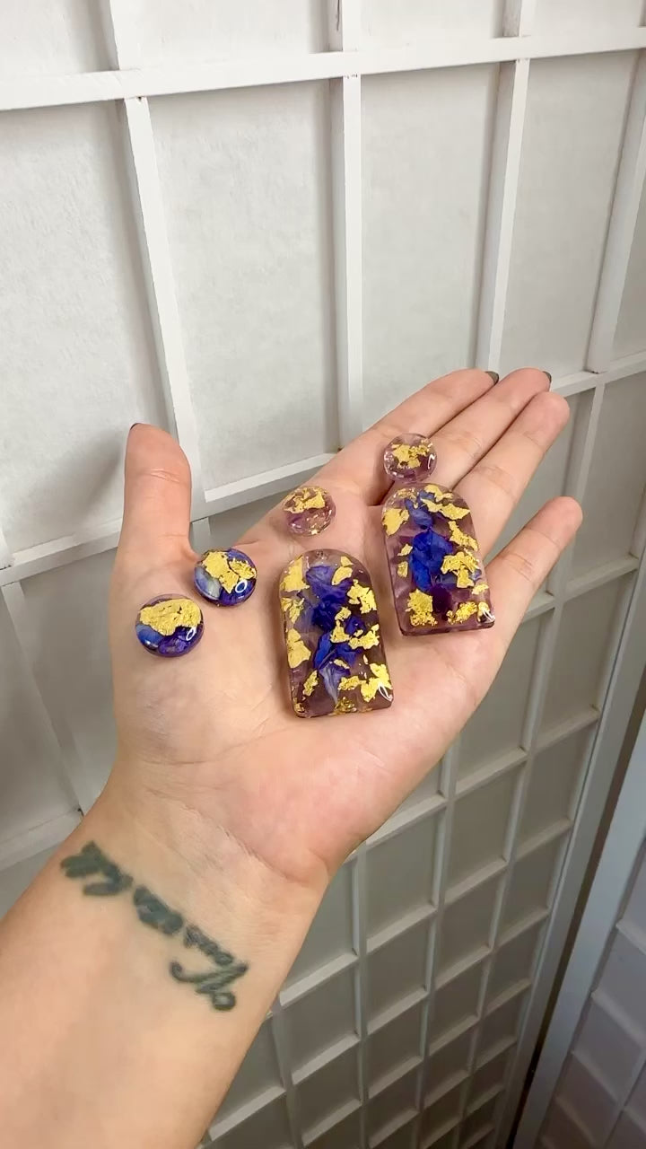 24k Gold Flakes, Purple Amethyst & Blue Flowers Big Studs