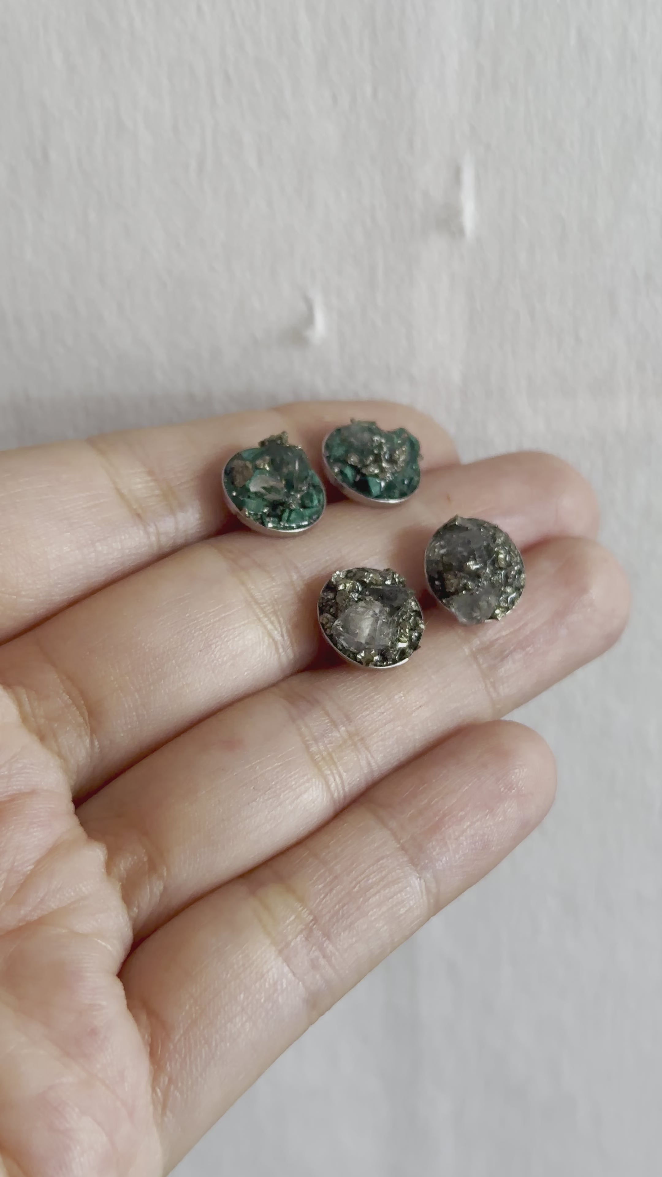 “Rawness” Herkimer Diamond, Malachite & Pyrite Sterling Silver Studs