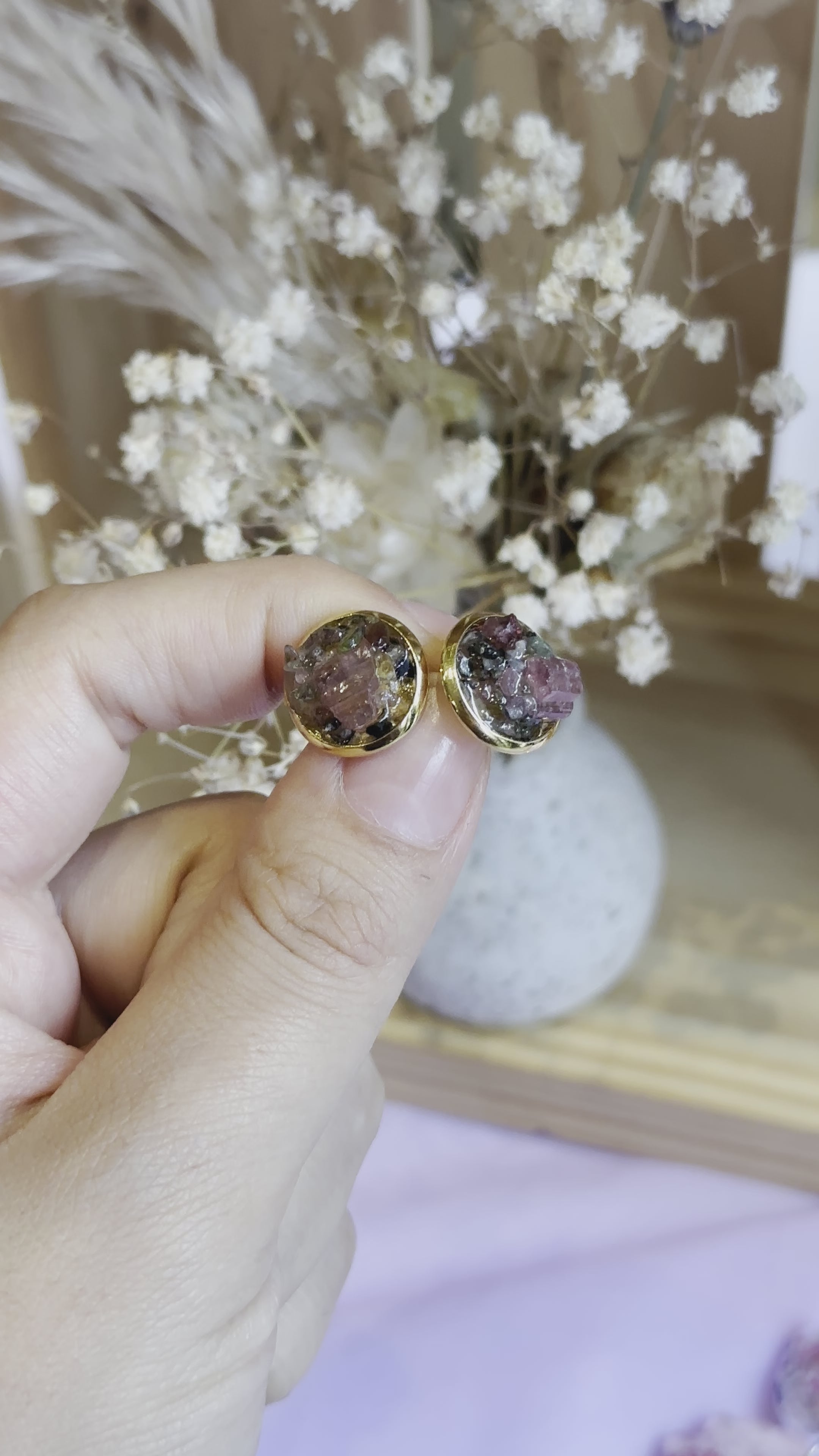 “Rawness” Watermelon Tourmaline Gold Stainless Steel Studs