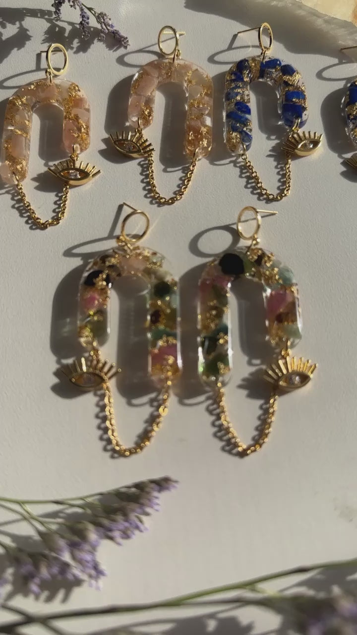 “Goddess of Abundance II" Peach Moonstone Evil Eye Earrings