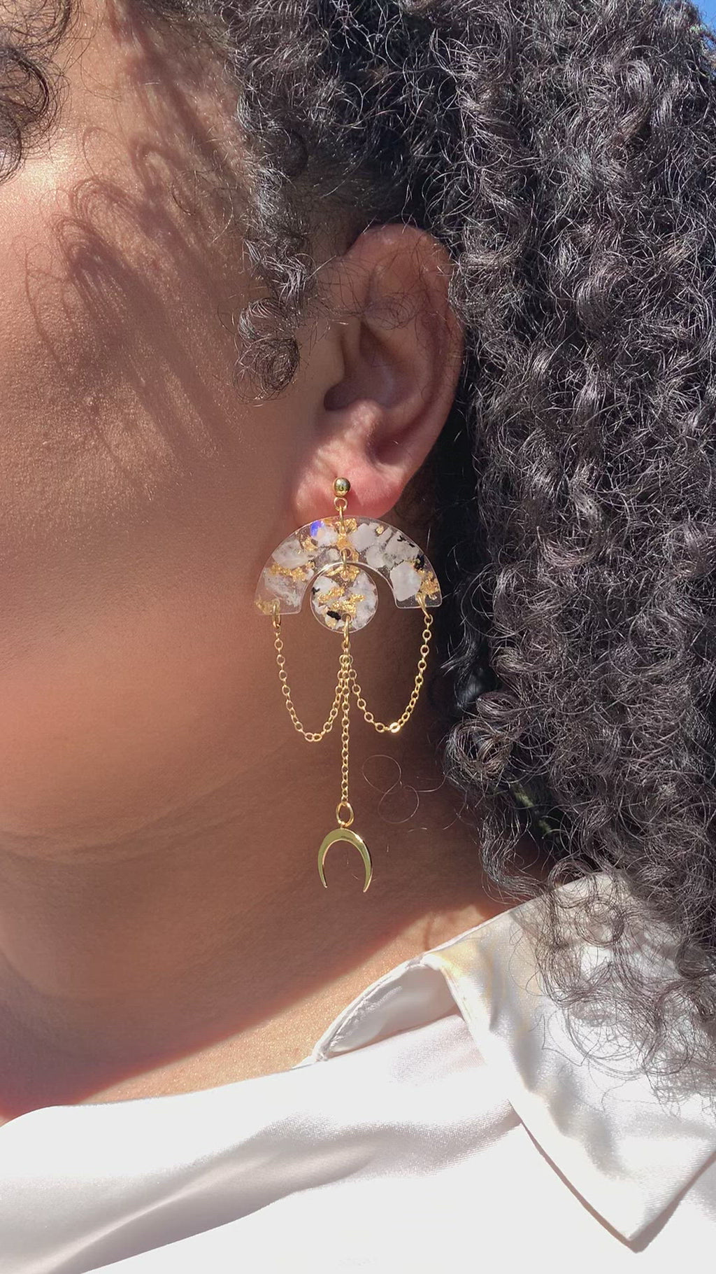 "Crescent Moon" Moonstone & Moon Chain Earrings