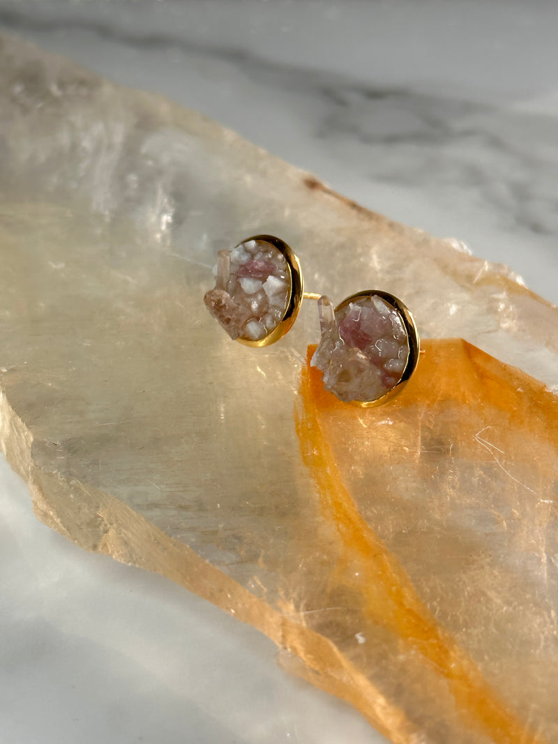 Rawness Pink Tourmaline, Rose Quartz and Quartz Gold Stainless Steel Studs