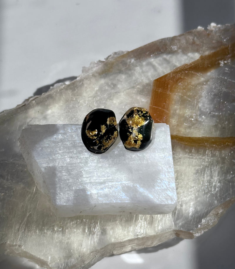 24k Gold Flakes Shungite, Moonstone and Pyrite Gem Studs