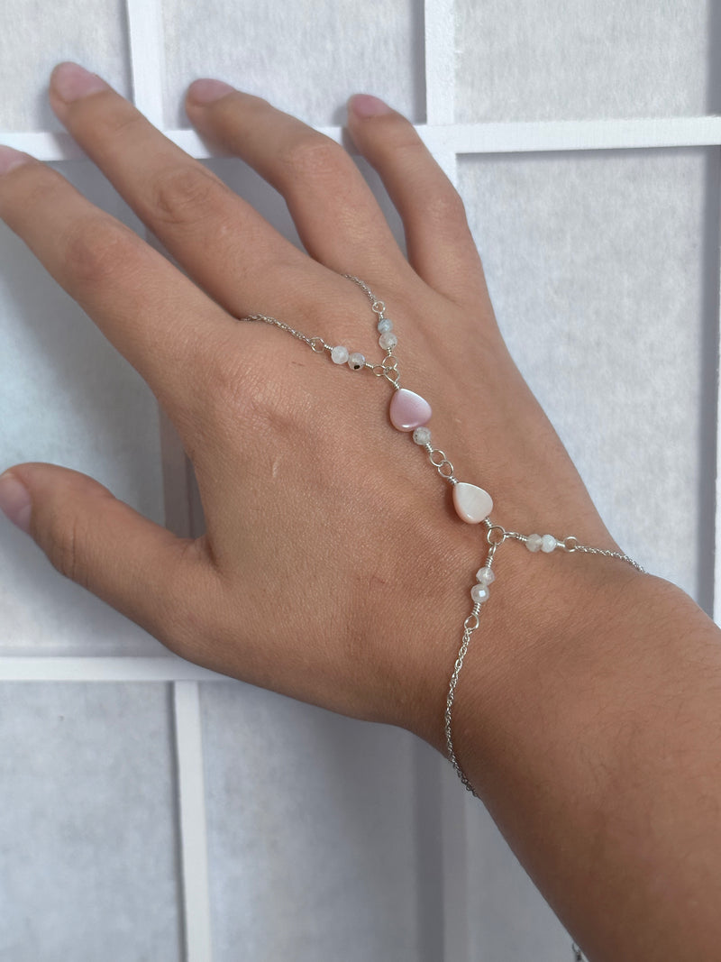 Rainbow Moonstone & Pearl Sterling Silver Hand Chain