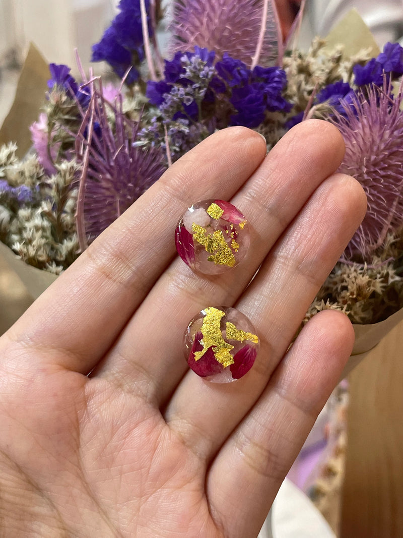 24k Gold Flakes Rhodochrosite, Rose Quartz and Roses Circle Studs