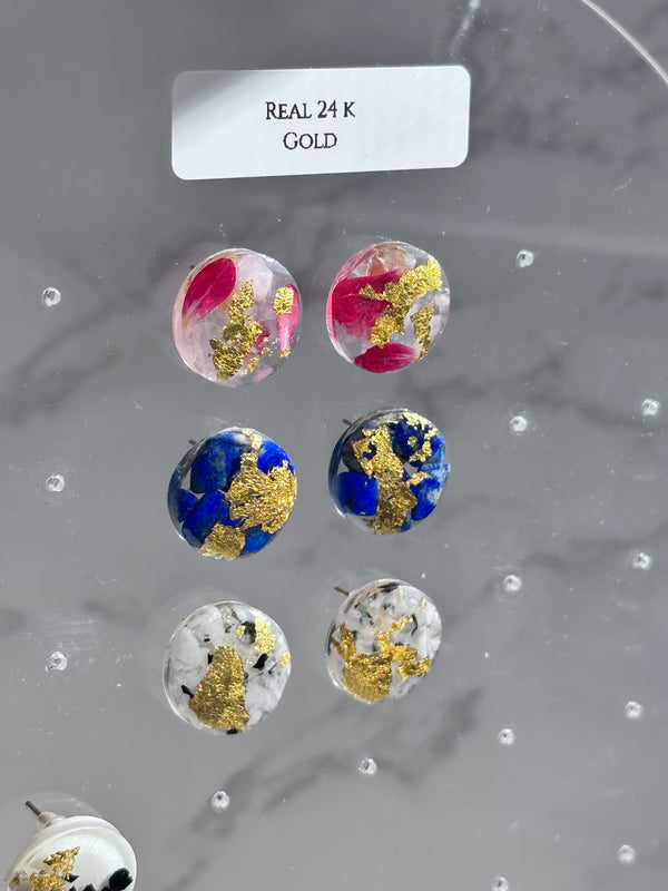 24k Gold Flakes Rose Quartz & Roses, Lapis Lazuli and Moonstone Circle Studs