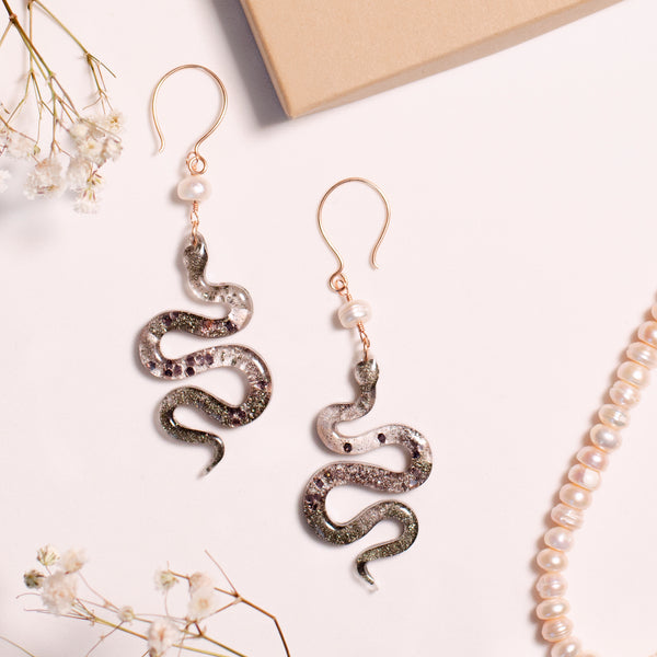 “The Feminine" Pyrite & Pearl 14k Rose Gold Filled Wire Snake Earrings