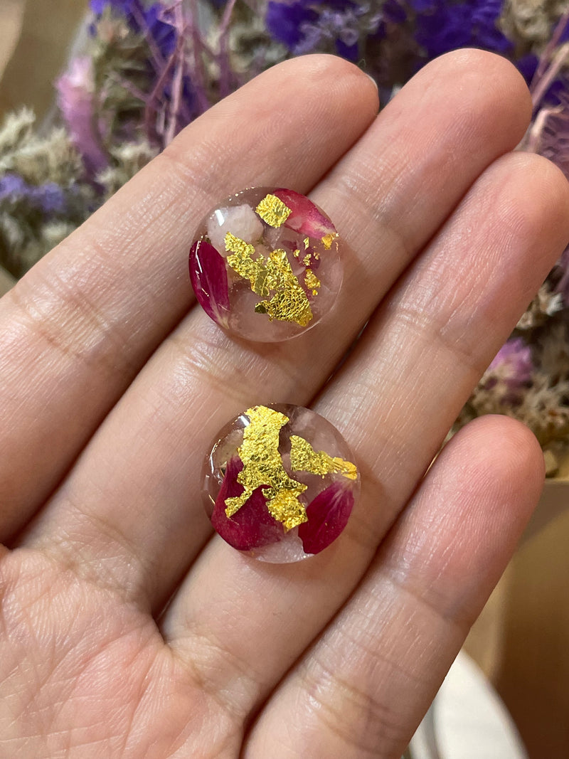 24k Gold Flakes, Roses and Rose Quartz Circle Studs