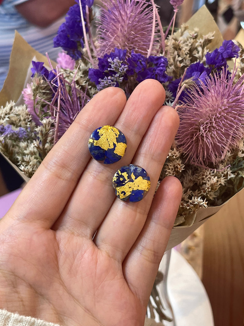 24k Gold Flakes Lapis Lazuli Circle Studs