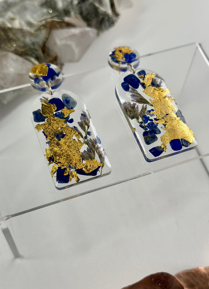 24k Gold Flakes Real Flowers Lapis Lazuli Studs