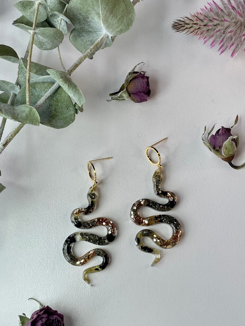"The Feminine" Pyrite & Black Tourmaline Snake Earrings