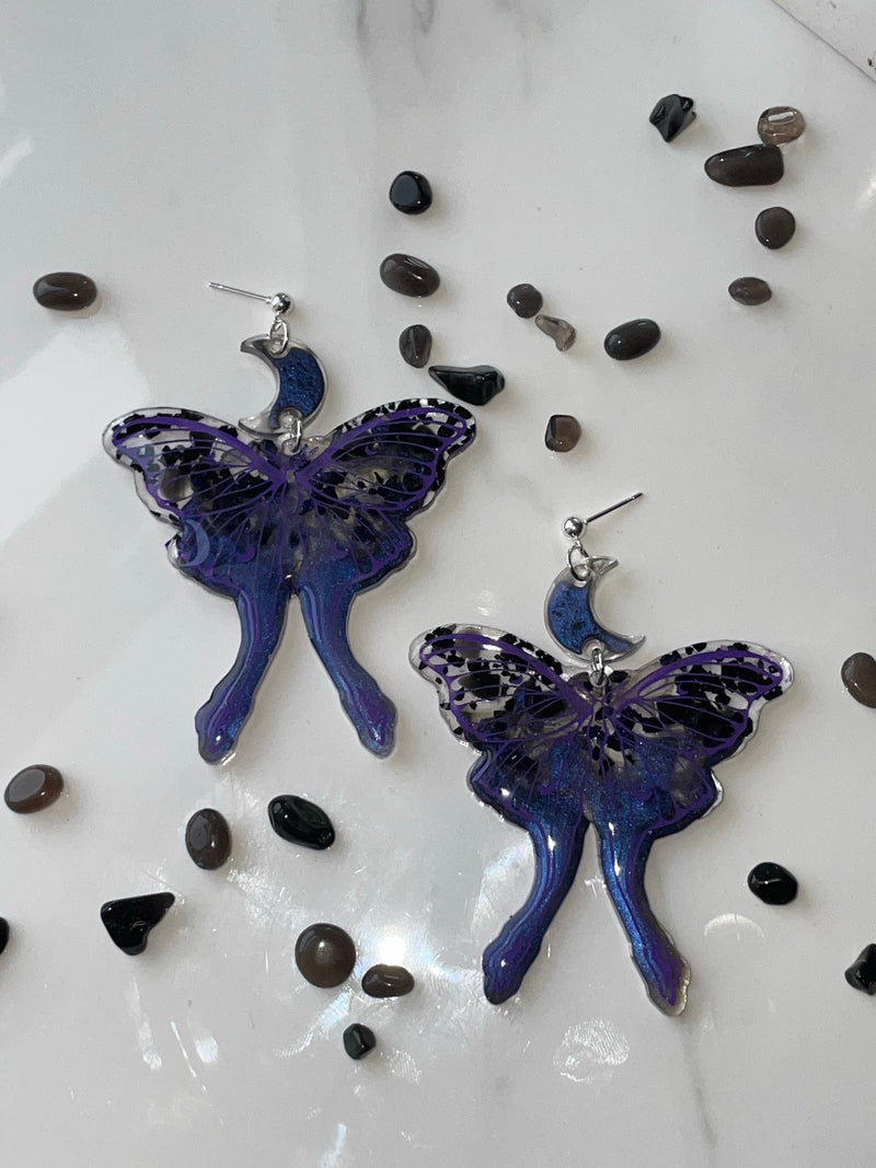 “Lunar Moth” Black Obsidian & Black Tourmaline Earrings