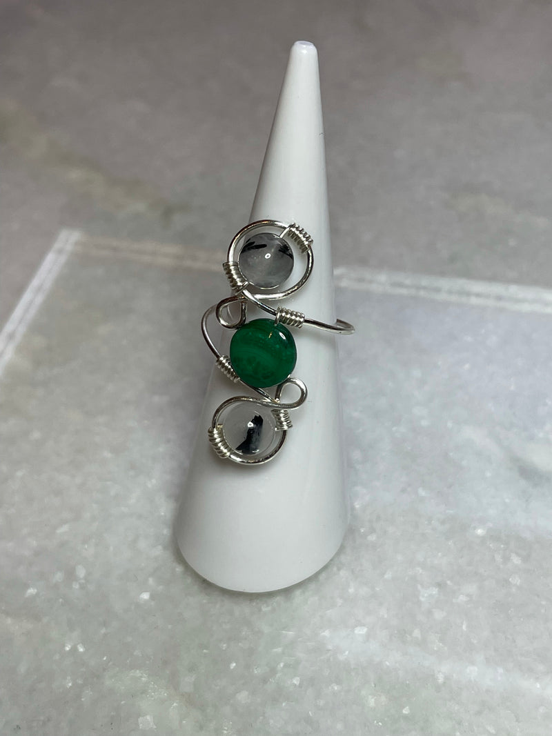 Malachite and Rutilated Quartz Sterling Silver Ring