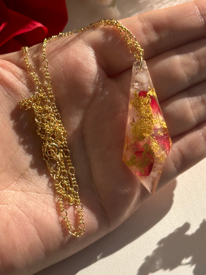 “Love Yourself Pendulum” Real 24k Gold flakes, Rose Quartz and Roses Gold Filled Necklace