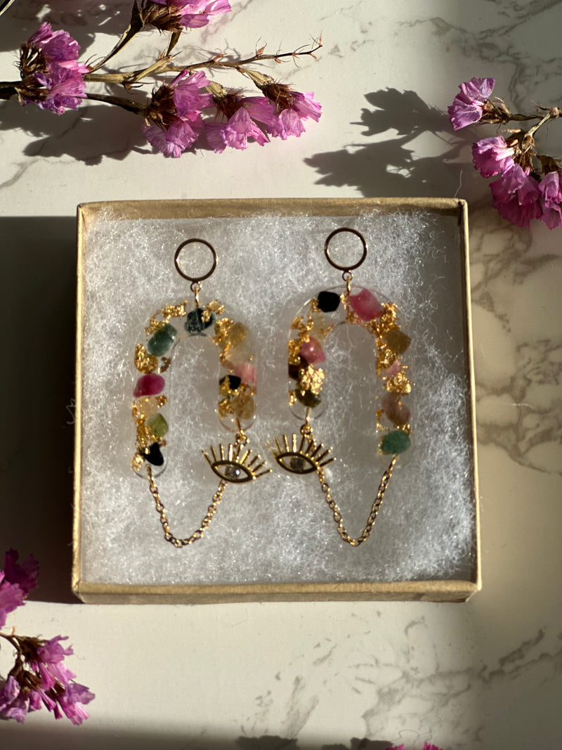 “Goddess of Abundance II” Watermelon Tourmaline Evil Eye Earrings