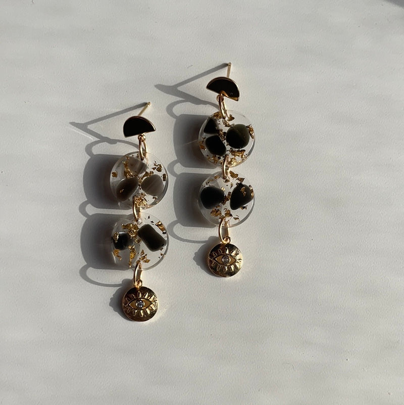 “Compassion Goddess” Black Obsidian with Gold Eye Charm Earrings