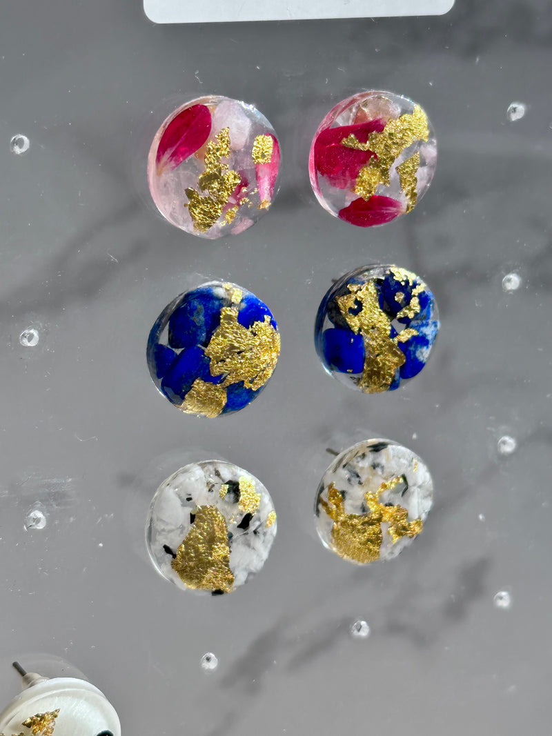 24k Gold Flakes Watermelon Tourmaline, Malachite, Purple Amethyst, Pyrite, Lapis Lazuli and Peach Moonstone Circle Studs