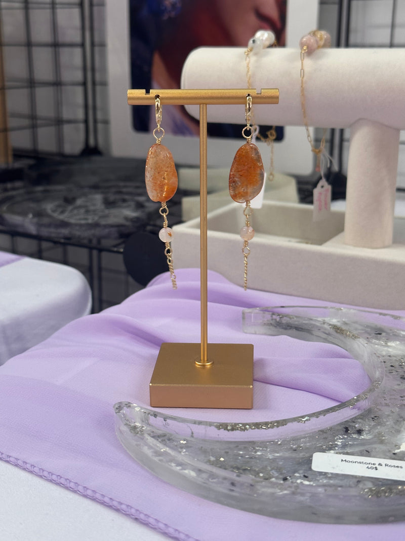 Sunstone & Flower Agate Gold Filled Earrings