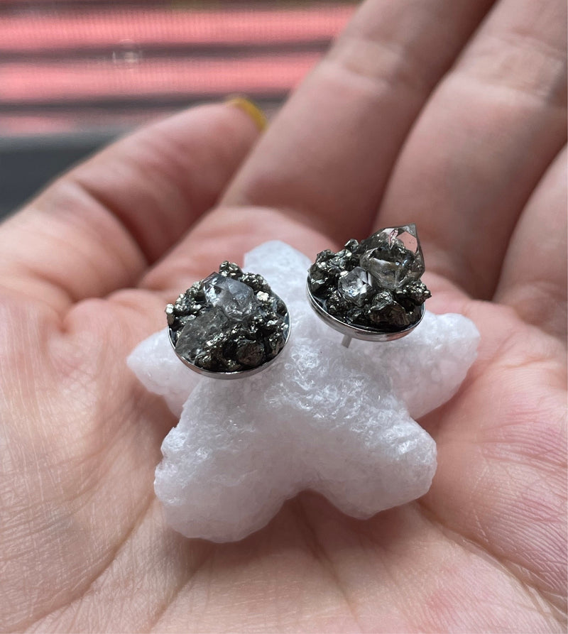 “Rawness” Herkimer Diamond & Pyrite Sterling Silver Studs