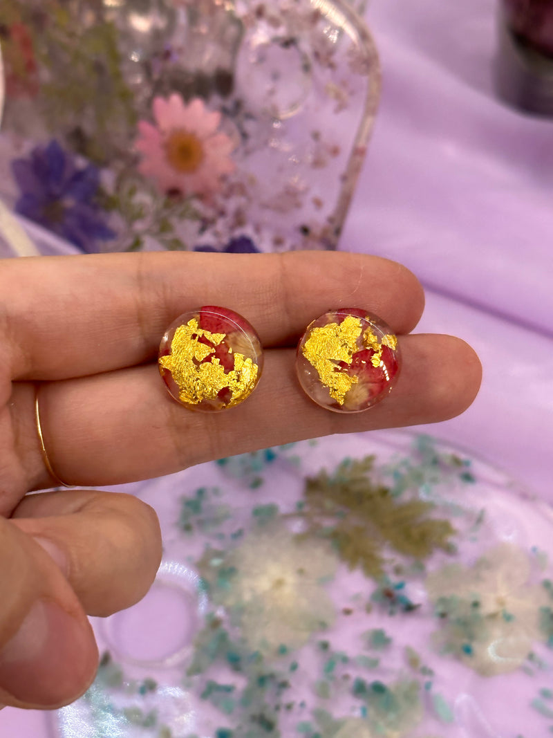 24k Gold Flakes Rhodochrosite, Rose Quartz and Roses Circle Studs