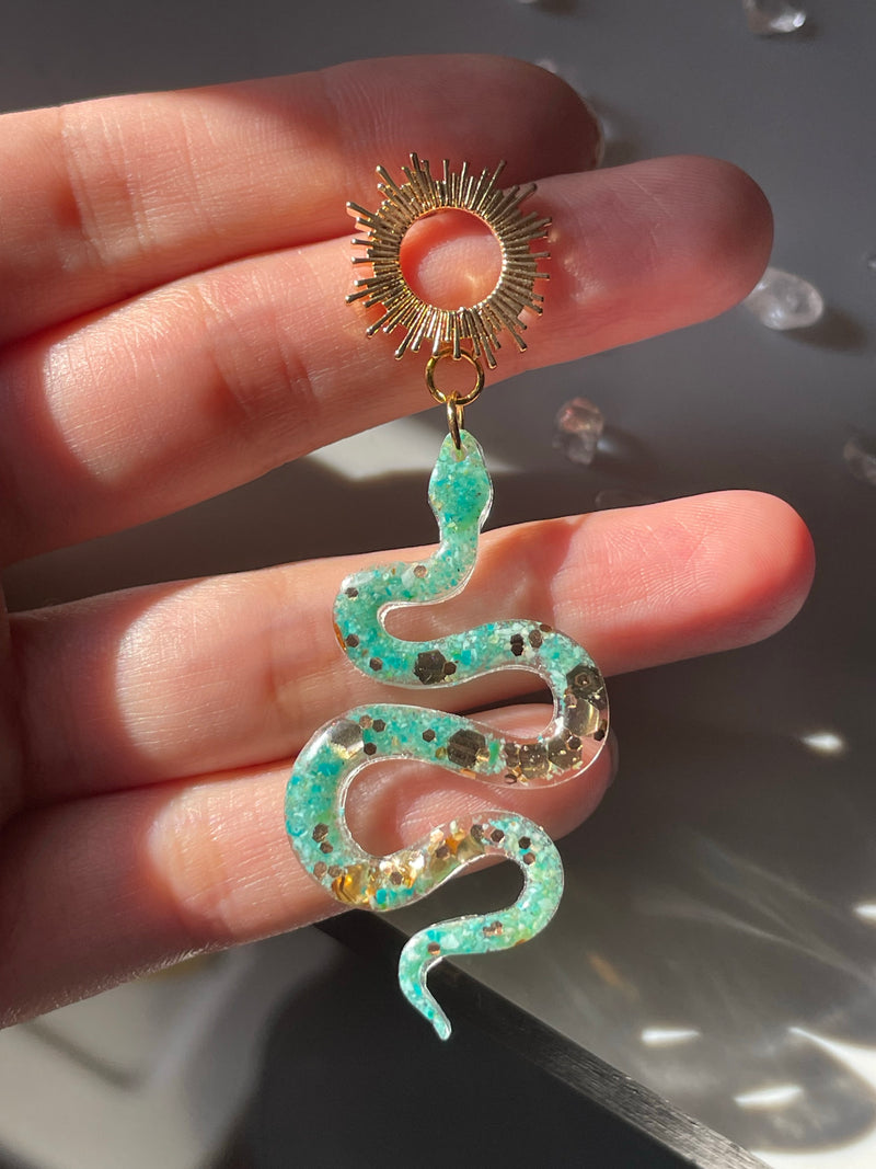 “The Feminine” Chrysocolla Lightweight Snake Sun Earrings