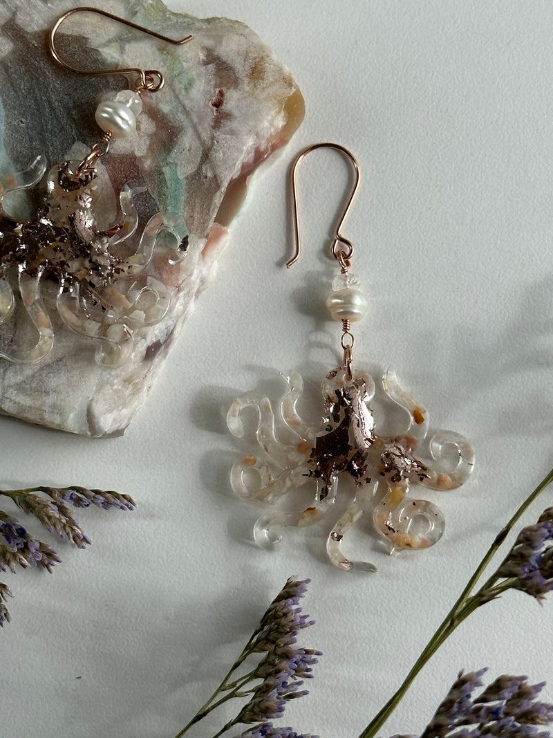 “Octopi” Moonstone & Pearls Wire Earrings