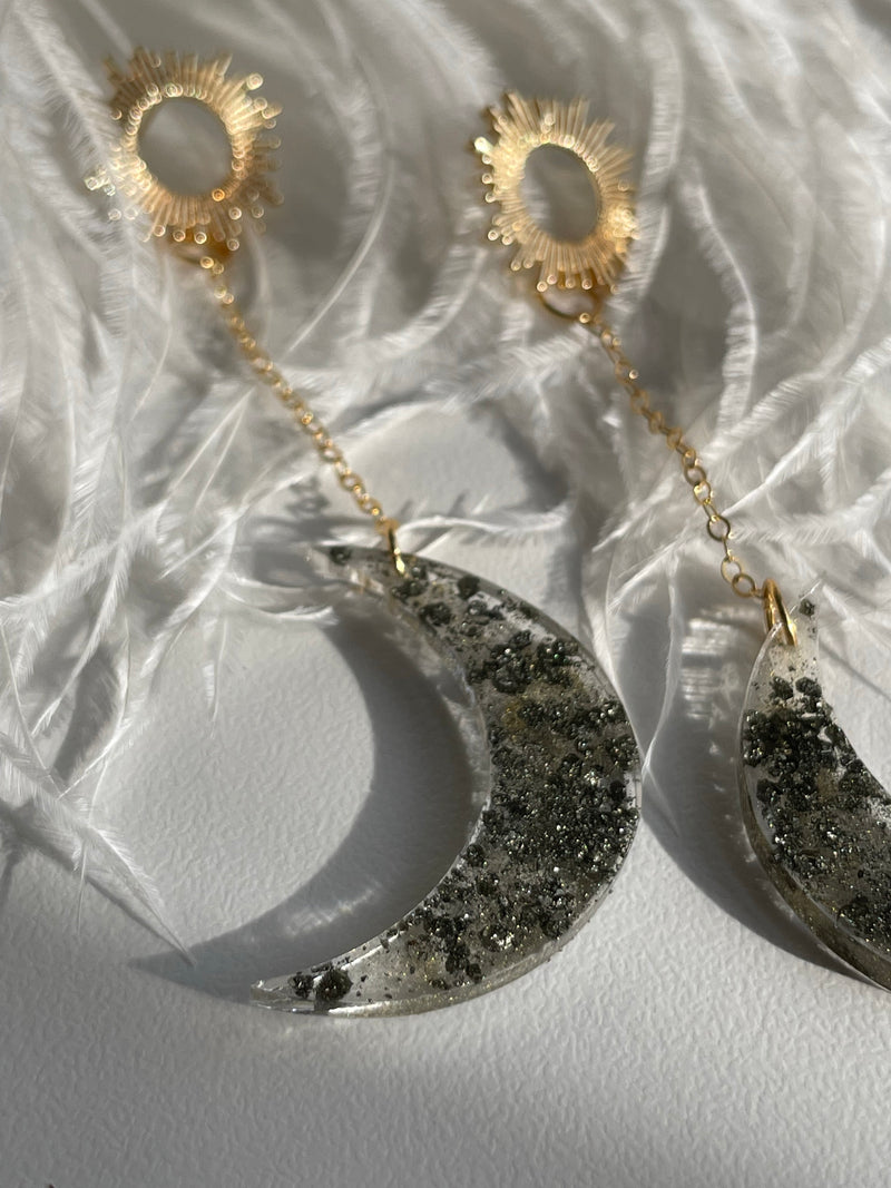 “Balanced Goddess” Pyrite Moon and Sun Studs