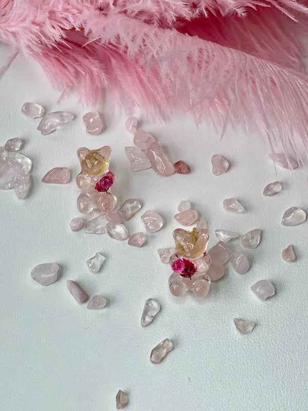 Rose Quartz with Dried Flowers Gummy Bear Studs or Choker Set