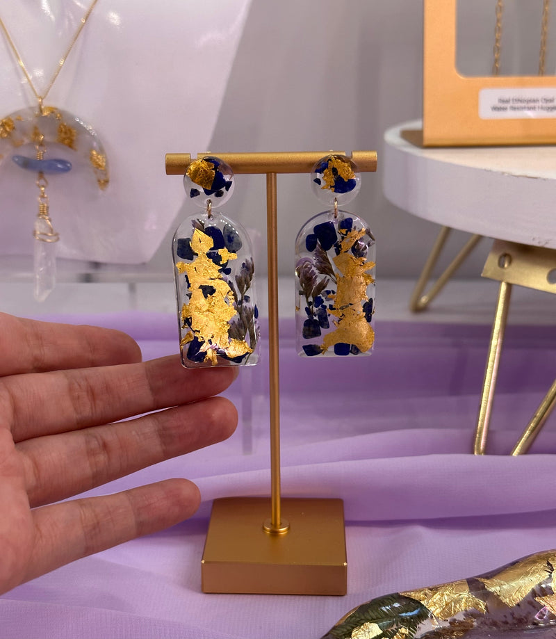 24k Gold Flakes Real Flowers Lapis Lazuli Studs