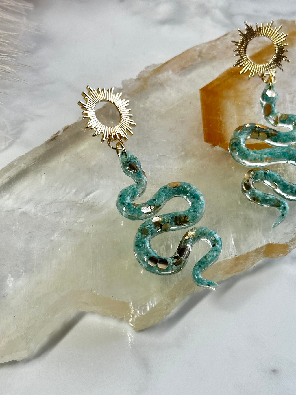 “The Feminine” Chrysocolla Lightweight Snake Sun Earrings