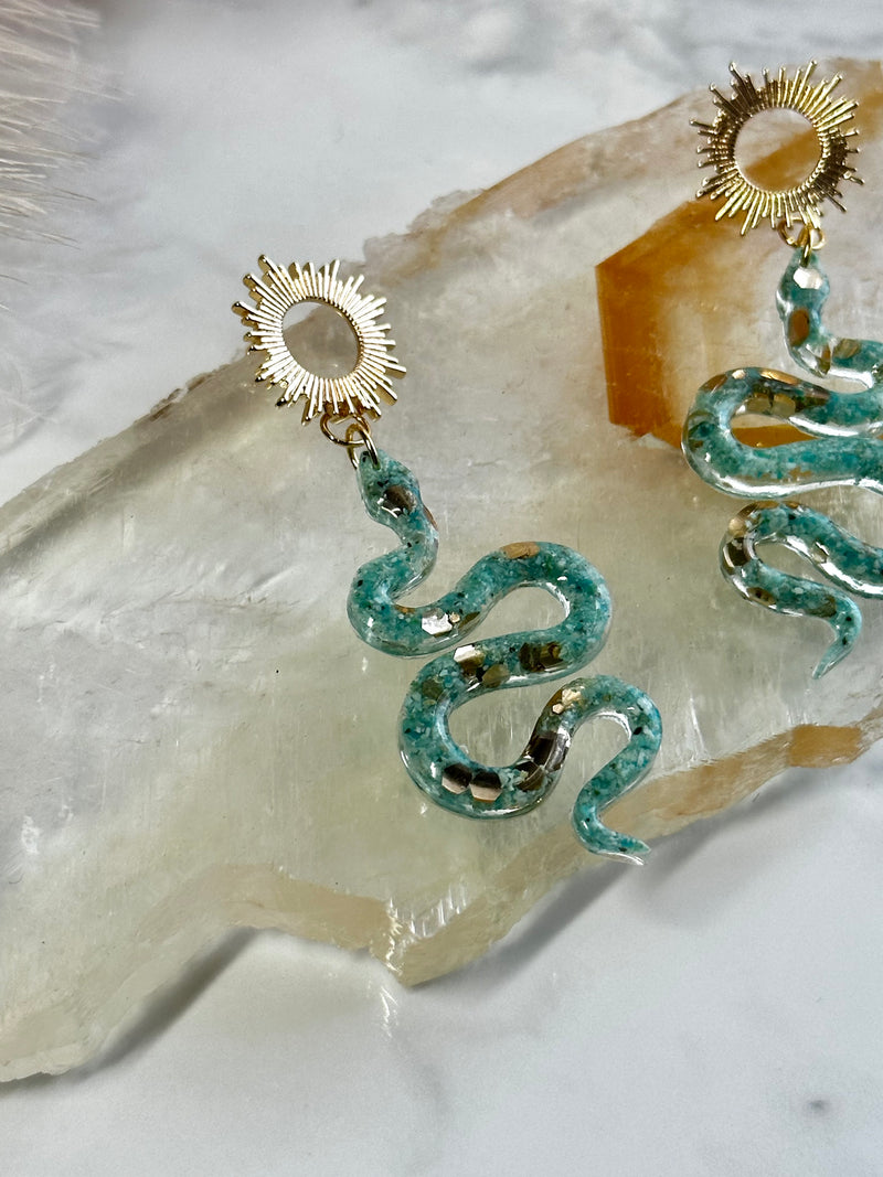 “The Feminine” Chrysocolla Lightweight Snake Sun Earrings