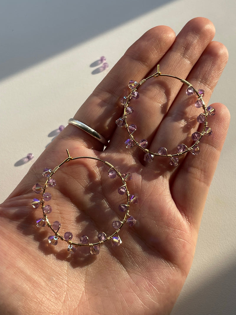 Purple Amethyst with 14k Gold filled wire wrap - Stainless Steel Hoops