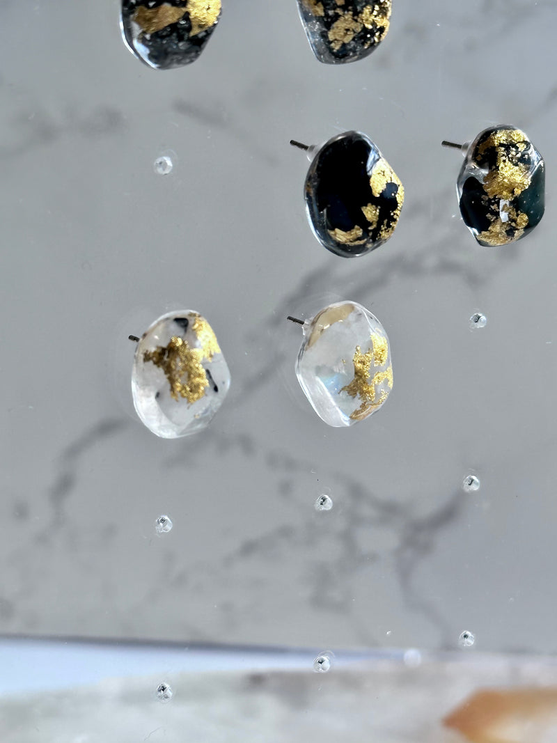 24k Gold Flakes Shungite, Moonstone and Pyrite Gem Studs