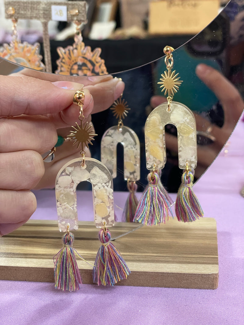 Yellow Calcite, Pink Tourmaline & Quartz Earrings