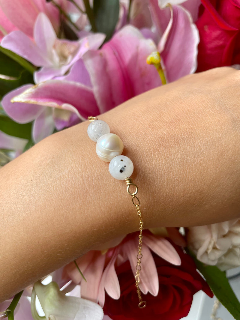 Moonstone and Pearl Gold Filled Adjustable Bracelet
