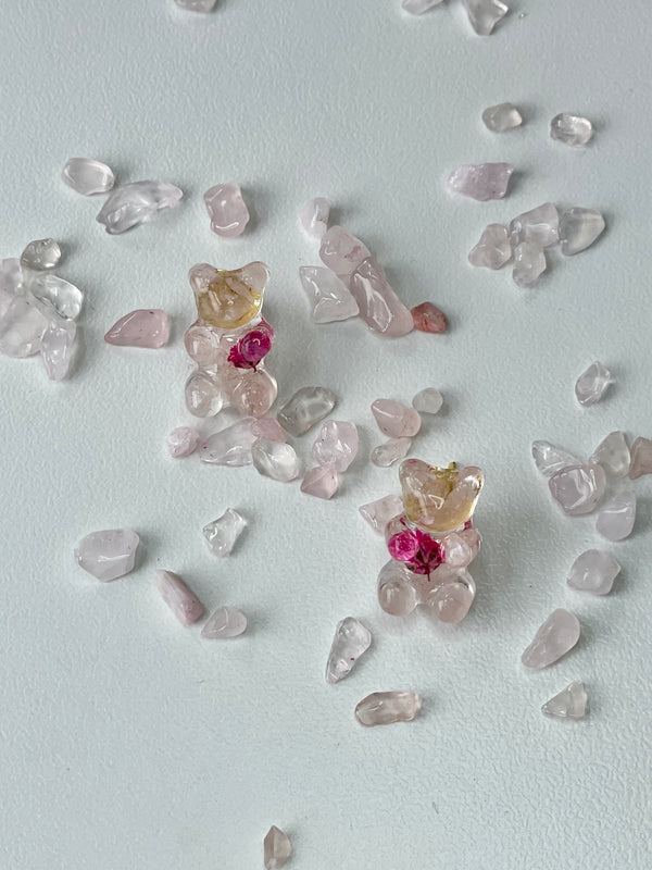 Rose Quartz with Dried Flowers Gummy Bear Studs or Choker Set