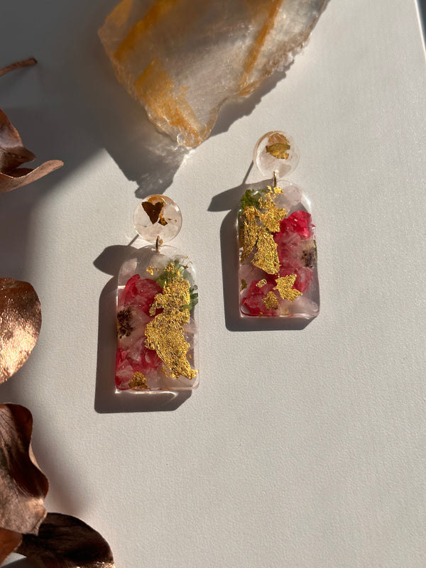24k Gold Flakes Rose Quartz & Roses Studs