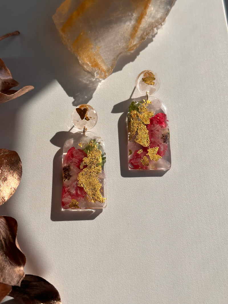 24k Gold Flakes Rose Quartz & Roses Studs