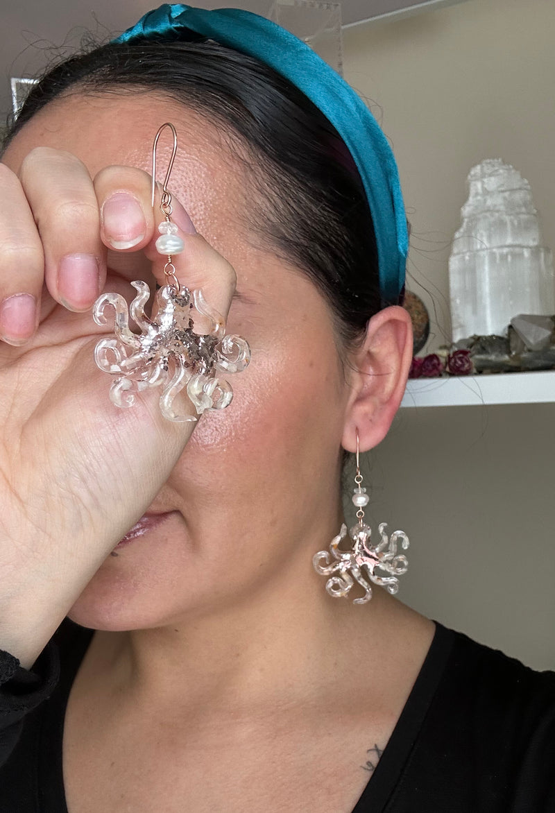 “Octopi” Moonstone & Pearls Wire Earrings