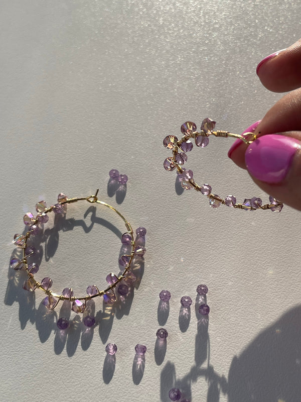 Purple Amethyst with 14k Gold filled wire wrap - Stainless Steel Hoops