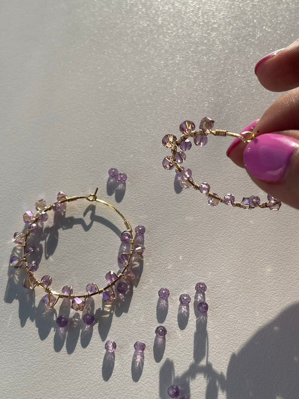 Purple Amethyst with 14k Gold filled wire wrap, Hoops