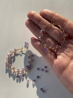 Purple Amethyst with 14k Gold filled wire wrap - Stainless Steel Hoops