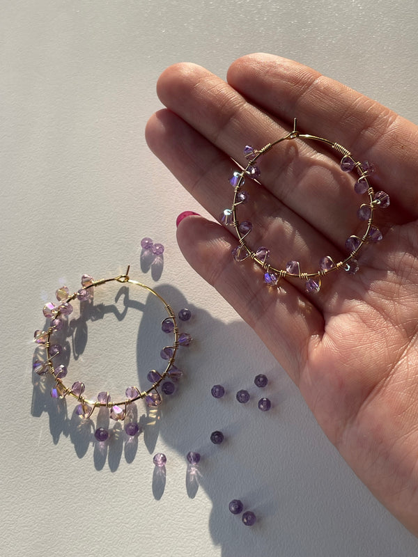 Purple Amethyst with 14k Gold filled wire wrap - Stainless Steel Hoops