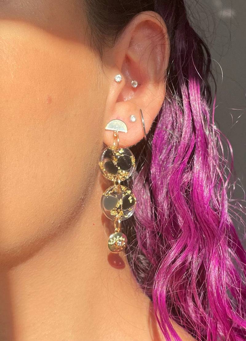 “Compassion Goddess” Black Obsidian with Gold Eye Charm Earrings