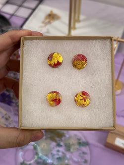 24k Gold Flakes Rhodochrosite, Rose Quartz and Roses Circle Studs