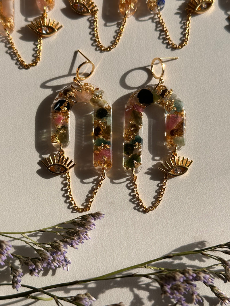 “Goddess of Abundance II” Watermelon Tourmaline Evil Eye Earrings