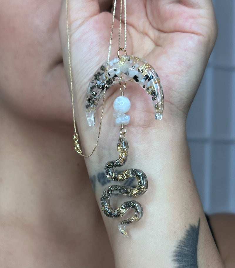 “Witch" Moonstone and Pyrite Moon and Snake Necklace
