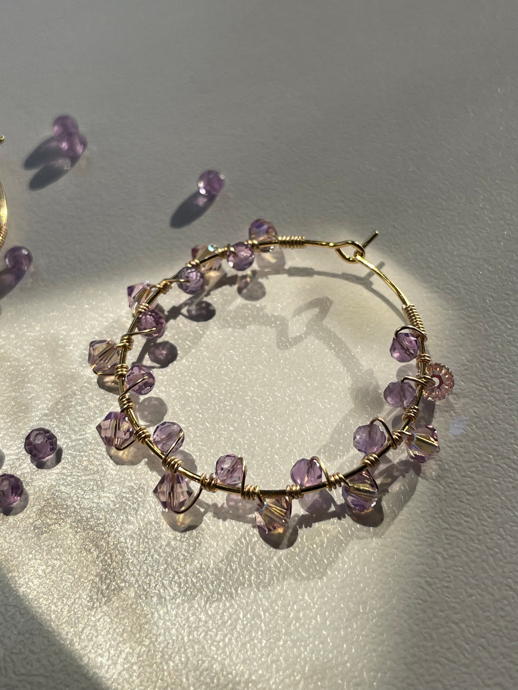 Purple Amethyst with 14k Gold filled wire wrap - Stainless Steel Hoops